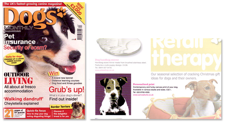 Dogs Monthly Magazine, some press coverage - Canvas Funk created a Warhol Style Pop Art Dog Portrait of Ruby in their Retail Therapy Section