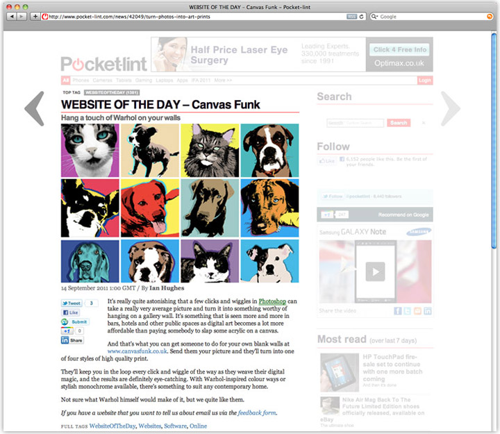 Canvas Funk were mentioned on Pocket Lint - Website of the day showing our examples of Dog Pop art Portraits
